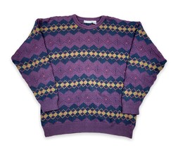 Vtg 90s CLAIBORNE Grandpa Sweater Chunky Knit Crew Neck Purple Geometric XL - $39.59