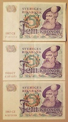 Primary image for SWEDEN LOT OF 3 BANKNOTES 5 KRONOR FROM 1965 - 1967 XF - aUNC NO RESERVE