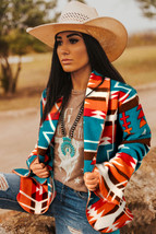 Sky Blue Aztec Printed Lapel Bell Sleeve Jacket - $21.03