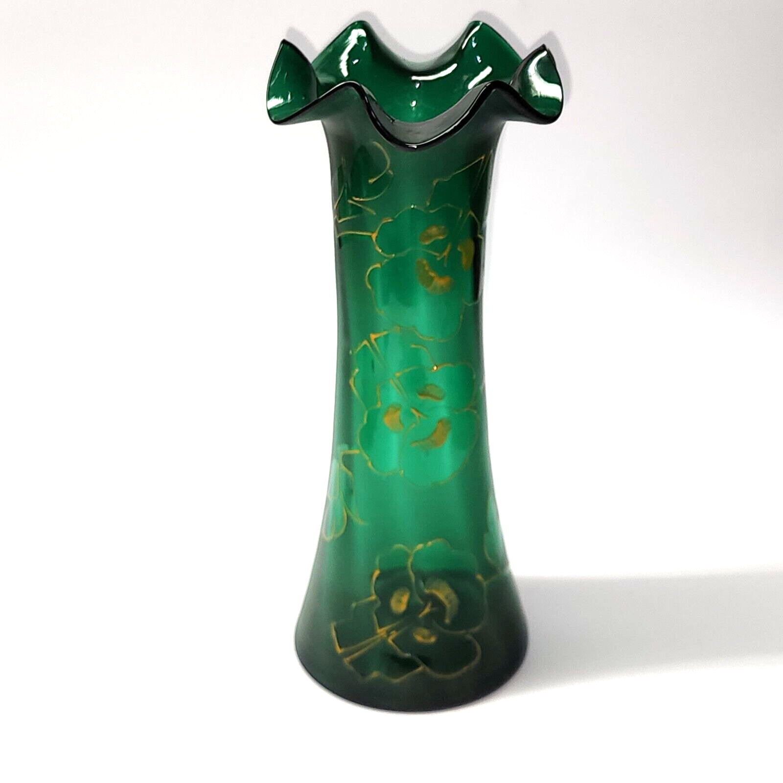 Primary image for Vintage Art Nouveau 10½” Vase - Hand Blown, Deep Emerald Green & Gold - Unmarked