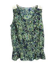 Izod Womens Shirt Size M Medium Blue Floral Sleeveless Blouse Buttons Crochet - £14.51 GBP