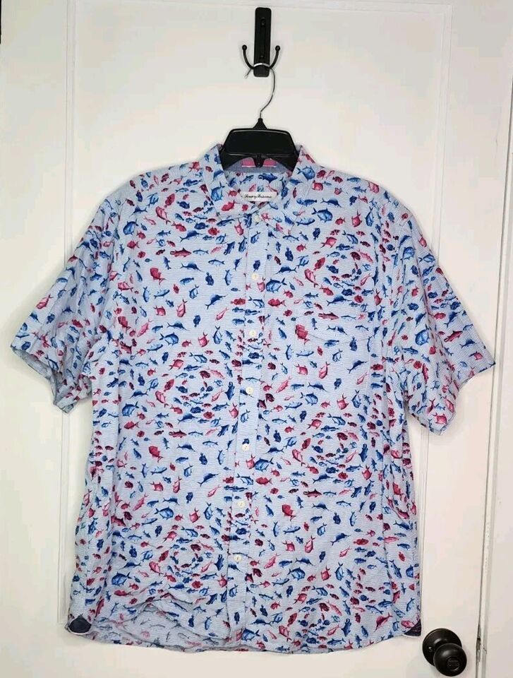 Tommy Bahama Shirt Men XL Ocean Blue Pesca Fiesta Camp Short Sleeve Fish... - $9.50