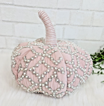 Blush Pink Velvet Beaded Plush Pumpkin Pillow Fall Thanksgiving 11&quot; NEW - $34.99