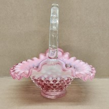 Fenton Cranberry Pink White Hobnail Opalescent Ruffle Basket Clear Handle Pretty - £19.07 GBP