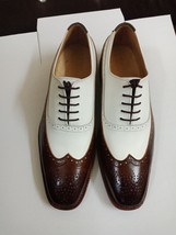 Wing Tip White Brown Premium Leather Oxford PartyWear Lace Up Handmade Men Shoes - £120.91 GBP+