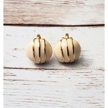 Vintage Clip On Earrings - Dainty Cream with Gold Tone Lines - $13.99