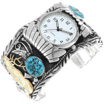 Navajo Turquoise Coral Sterling Silver Gold ELK Watch Bracelet Mens Cuff sz7-8.5 - £548.60 GBP+