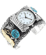 Navajo Turquoise Coral Sterling Silver Gold ELK Watch Bracelet Mens Cuff... - £536.38 GBP+