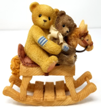 Teddy Bears Riding Rocking Horse Figurine Light Dark Bow Resin Vintage - £8.97 GBP