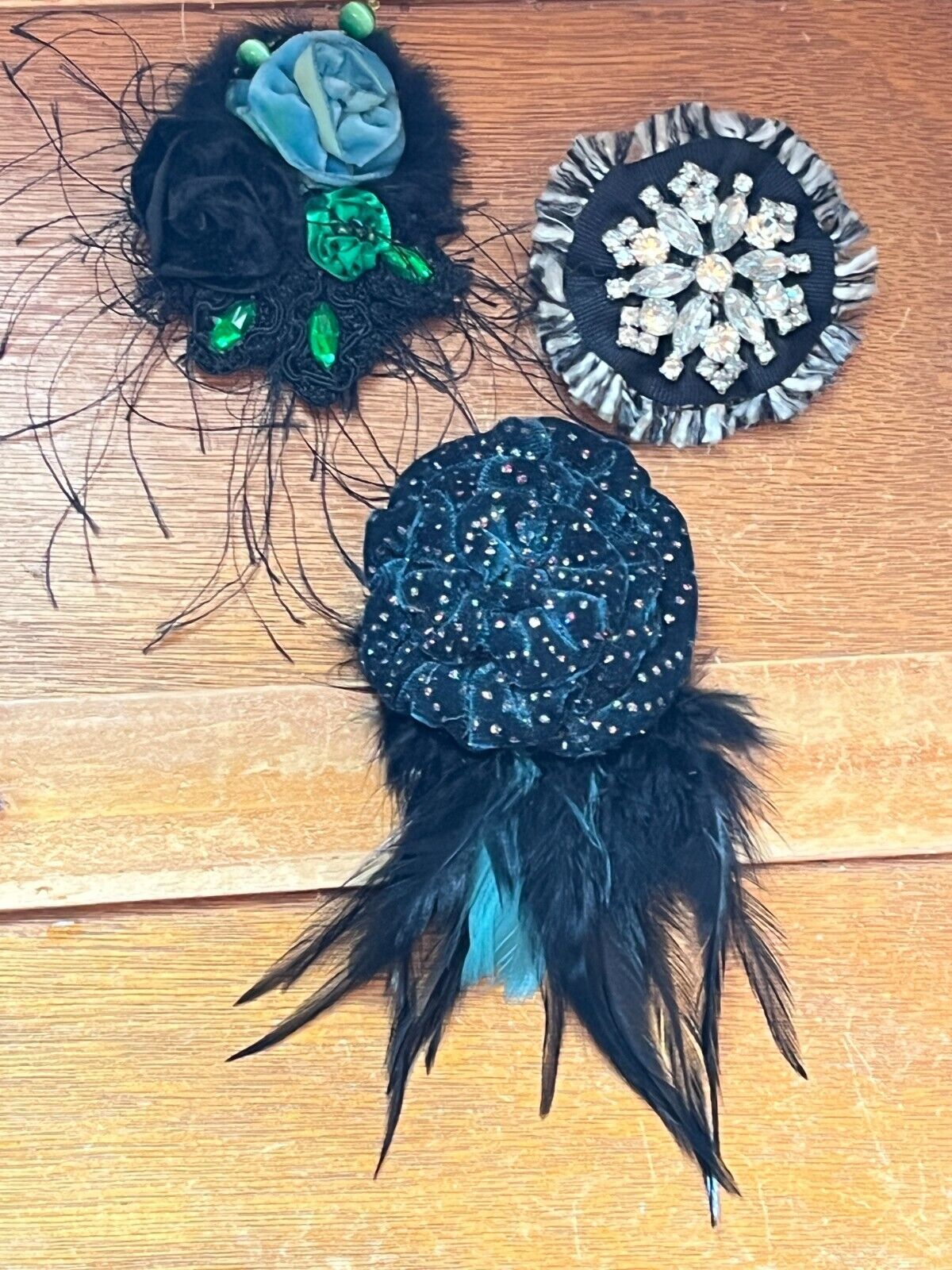 Primary image for Lot of 3 Large Handmade Fabric & Feather w Some Rhinestones Brooch Pin  –
