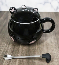 Whimsical Black Chubby Feline Kitty Cat Cup Mug With Lid And Stirring Spoon - £14.95 GBP