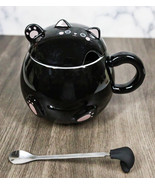 Whimsical Black Chubby Feline Kitty Cat Cup Mug With Lid And Stirring Spoon - $18.99