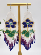 Native American Earrings handmade extra long flower turquoise brown seed beads! - £12.06 GBP