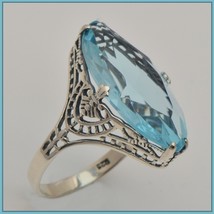 Antique Sterling Silver Prong Set Aquamarine Sapphire Oval Cut Gemstone Ring  image 1