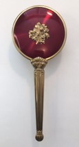 Vintage Brass &amp; Jewel Tone Red Hair Brush Ornate Round Head Bristle Brush 9.5&quot; - £27.36 GBP