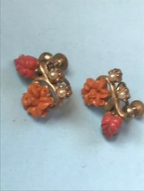 Vintage Carved Orange Plastic Flower &amp; Coral Leaf &amp; Two Tiny Faux Pearl Goldtone - £11.97 GBP