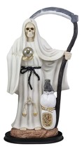 Large 16.75&quot;H White Holy Death Santa Muerte Holding Scythe Globe With Owl Statue - £58.99 GBP