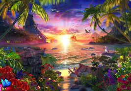 Framed Canvas Art Print Painting Paradise Sunset Exotic Beach Animals Flowers - £31.64 GBP+