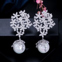 Big White Cubic Zirconia Long Dangle Drop Flower Pearl Earrings Jewelry for Wome - £19.10 GBP