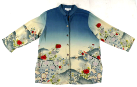 Citron  100% Silk Blouse Mandarin Top Asian Japanese Floral Print Wms Medium *** - £46.51 GBP