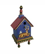 Vintage Handpainted Folk Art Wooden Birdhouse w/ Deer &amp; Dove Woodland Decor - $457.88 MXN