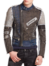 HANDMADE Men&#39;s  Leather JACKET BROWN Gothic Punk Silver Long Spiked Stud... - £273.49 GBP