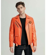Men&#39;s Orange Lambskin Motorcycle Leather Jacket - £124.91 GBP
