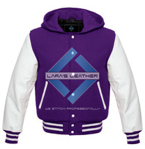 Unisex Purple College Wool Varsity Jacket with Hood &amp; White Real Leather... - $94.04+