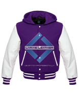 Unisex Purple College Wool Varsity Jacket with Hood &amp; White Real Leather... - £71.20 GBP+