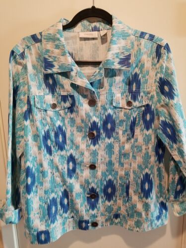 Chicos Tribal Jean Jacket Button Linen Blend Southwest Blue White Turquo... - $24.74