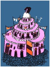 1947 Purple city village cake shaped quality 18x24 Poster.Fun Decorative Art. - $28.00