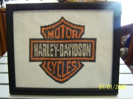 Hand Counted Cross Stitched of the Harley-Davidson Emblem w/frame 8x10 - £51.83 GBP