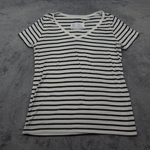 Merona Shirt Womens L White Black Strip Short Sleeve VNeck Pullover Casual Tee - £18.18 GBP