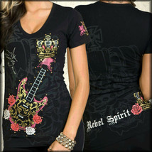 Rebel Spirit Guitar Roses Rhinestones Womens Short Sleeve V-Neck T-Shirt Black S - £42.26 GBP