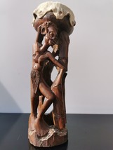 Heavy Wood Carved African Male and Female Holding Zulu Swazi Drum on the Head - £74.45 GBP