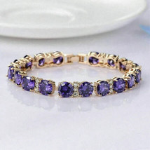 16Ct Round Cut Simulated Amethyst Women&#39;s Tennis Bracelet 14K Yellow Gold Plated - £238.22 GBP