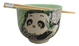 Green Lucky Panda With Flowers Ceramic Donburi Ramen Bowl With Chopstick... - $18.99