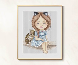 Little Girl cross stitch kitten pattern pdf - Nursery cross stitch cute girl  - £5.47 GBP