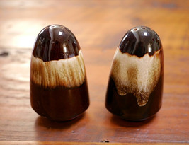 Pair of Vintage Mid Century Brown Lava Drip Glaze Ceramic Salt &amp; Pepper ... - £22.33 GBP