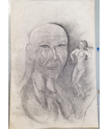 Fantasy Giant Holding Nude Woman Drawing Long Hair Bald 1950s Vintage - £14.15 GBP