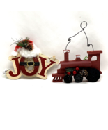 Set of 2 Christmas Ornaments JOY with Santa Hat and Train - $11.63