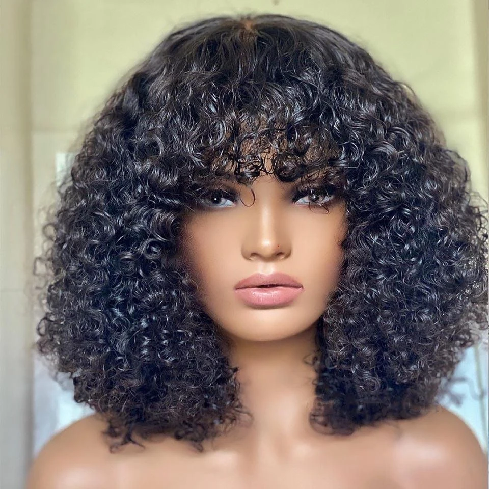 Curly Short Bob Cut Human Hair Wigs With Bangs Bob Wig Kinky Curly Wigs Hum - £33.42 GBP+