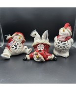 Heather Goldmine Skating Snowmen Trio Tealight Holder Blue Sky Hand Painted - $42.00