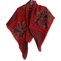 80s Boho The Limited Wool Blend Fringe Shawl Scarf Red Paisley 45&quot;x46&quot; - $27.99