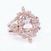 2Ct Oval Cut Peach Morganite His &amp; Her Trio Ring Set 14k Rose Gold Finish  - £82.19 GBP