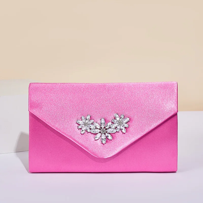 Satin Square Envelope Clutch Handbag with Crystal Diamond Floral Pattern Women W - £37.39 GBP