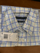 TOMMY HILFIGER Blue Plaid Dress Shirt 15 34/35(Medium)-NEW-Slim Fit Stretch - £17.54 GBP