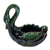 Vintage Blue Mountain Pottery Green Black Ceramic Swan Planter Trinket Dish C75 - £14.09 GBP