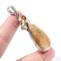 Fossil Coral Citrine  Multistone Necklace Pendant Handmade 925 Sterling Silver J - £22.92 GBP