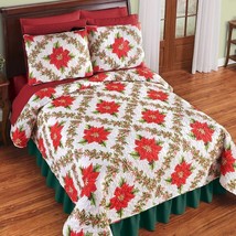 3Pc Christmas Red Poinsettia Holly Trellis Pattern Holiday Quilt Set Shams KING - £7.83 GBP+